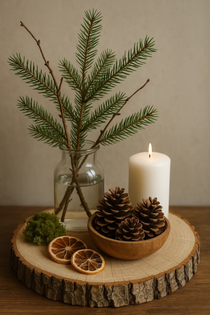 Rustikale Winterdeko im Wohnzimmer mit Holzscheibe, Kerze, Moos und Zweigen