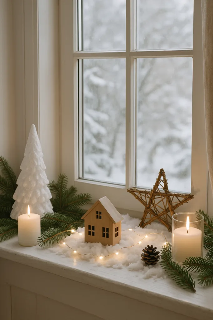 Winterdeko auf der Fensterbank mit Kerzen, Tannenzweigen und Holzhaus im Wohnzimmer