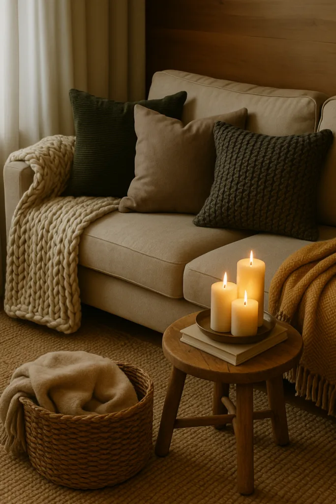 Winterdeko im Wohnzimmer mit Kerzen, Kissen und warmen Textilien