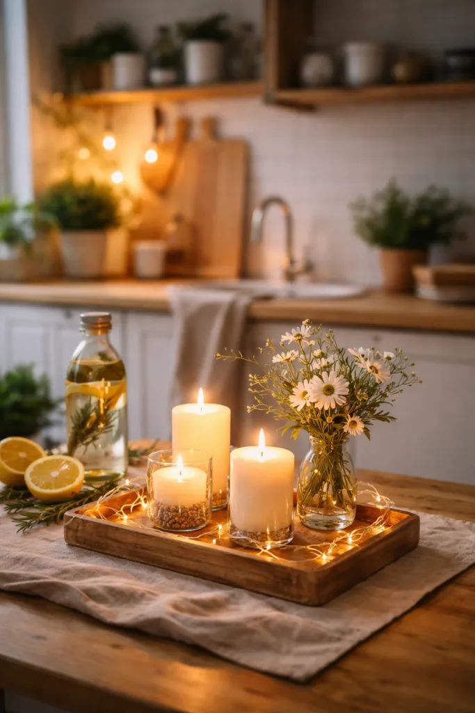 Frühlingsdeko in der Küche mit Kerzen, Blumen und natürlichem Licht