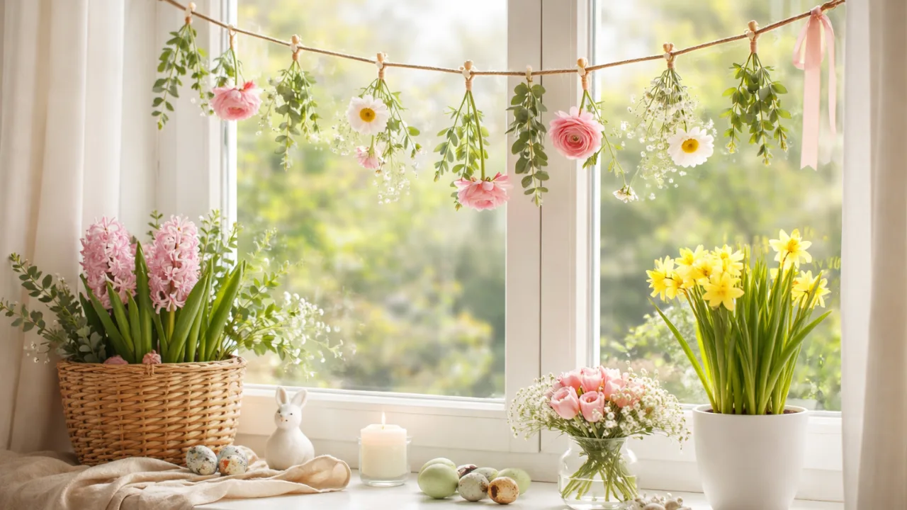 5 wunderschöne Ideen für deine Frühlingsdeko am Fenster Helle Frühlingsdeko am Fenster mit Blumen, Girlande und frischen Farben
