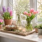 Frühlingsdeko auf der Fensterbank mit Tulpen, Hyazinthen und natürlichen Akzenten