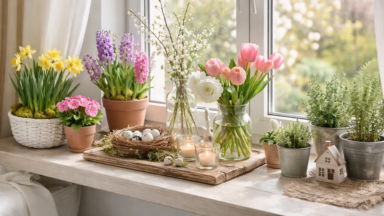 Frühlingsdeko auf der Fensterbank mit Tulpen, Hyazinthen und natürlichen Akzenten