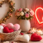 Herzdeko zum Valentinstag mit Filzherzen, Blumen und Neonlichtern