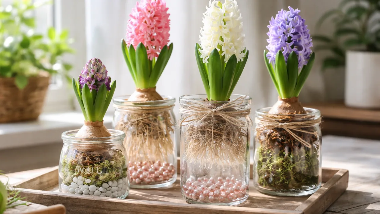 Hyazinthen im Glas mit Moos und Glasperlen als stilvolle Frühlingsdeko