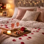 Romantisch dekoriertes Schlafzimmer mit Kerzen, Rosen und Lichterkette zum Valentinstag