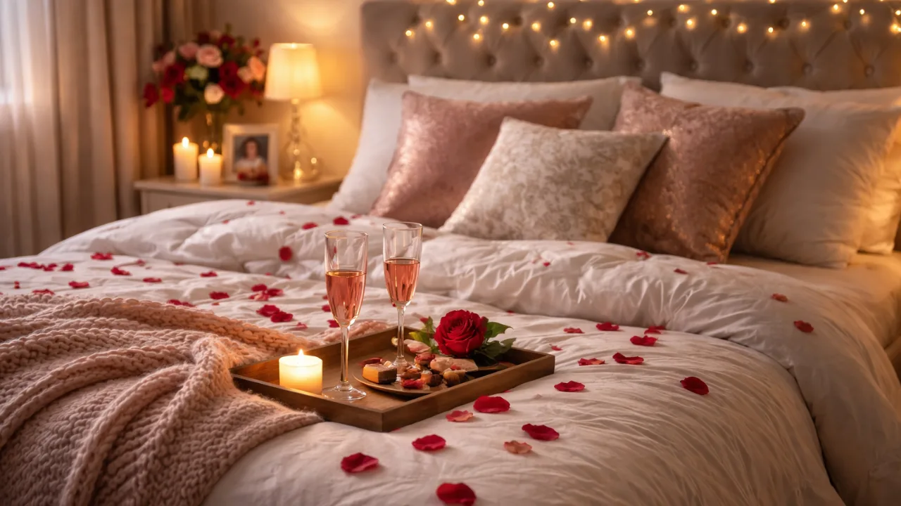 Romantisch dekoriertes Schlafzimmer mit Kerzen, Rosen und Lichterkette zum Valentinstag