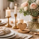 Natürliche Valentinstag Deko 2026 mit Holz, Kerzen und Blumen in sanften Farben