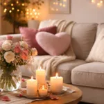 Gemütliche Valentinstagsdeko im Wohnzimmer mit Kerzen, Blumen und Herz-Kissen
