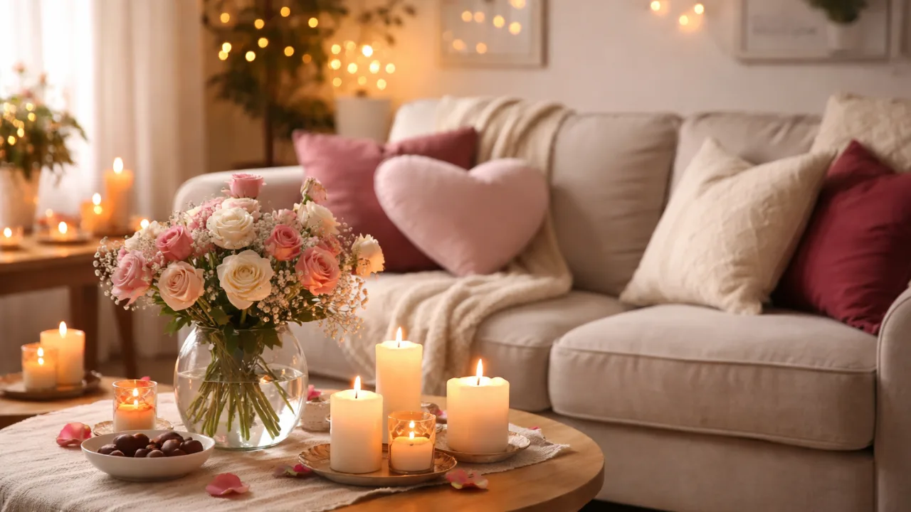 Gemütliche Valentinstagsdeko im Wohnzimmer mit Kerzen, Blumen und Herz-Kissen