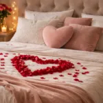 Romantisch dekoriertes Bett mit Rosenblättern, Kerzenlicht und Kissen zum Valentinstag