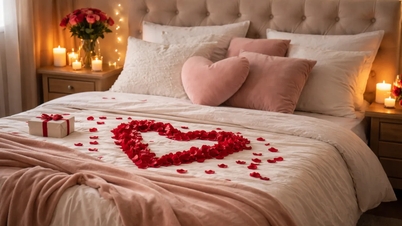 Valentinstagsdeko fürs Bett – 5 romantische Ideen mit Herz Romantisch dekoriertes Bett mit Rosenblättern, Kerzenlicht und Kissen zum Valentinstag