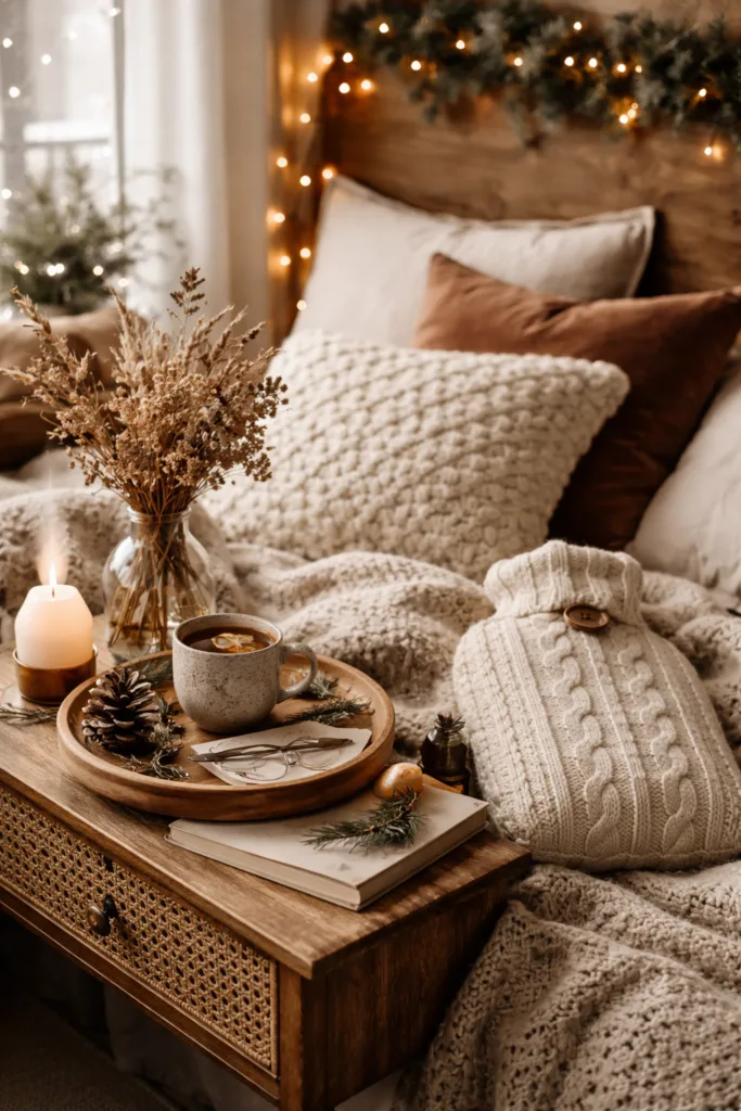 Winterdeko im Schlafzimmer mit Kerze, Tee und Strickdecke auf Holzkommode