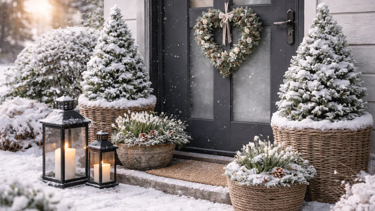 Hauseingang im Februar dekorieren – 4 wunderschöne Ideen Moderner Hauseingang mit winterlicher Dekoration, Schneefall, Pflanzen und Laternen im Februar