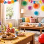 Wohnzimmer mit bunter Faschingsdeko, Luftballons und Girlanden für Zuhause