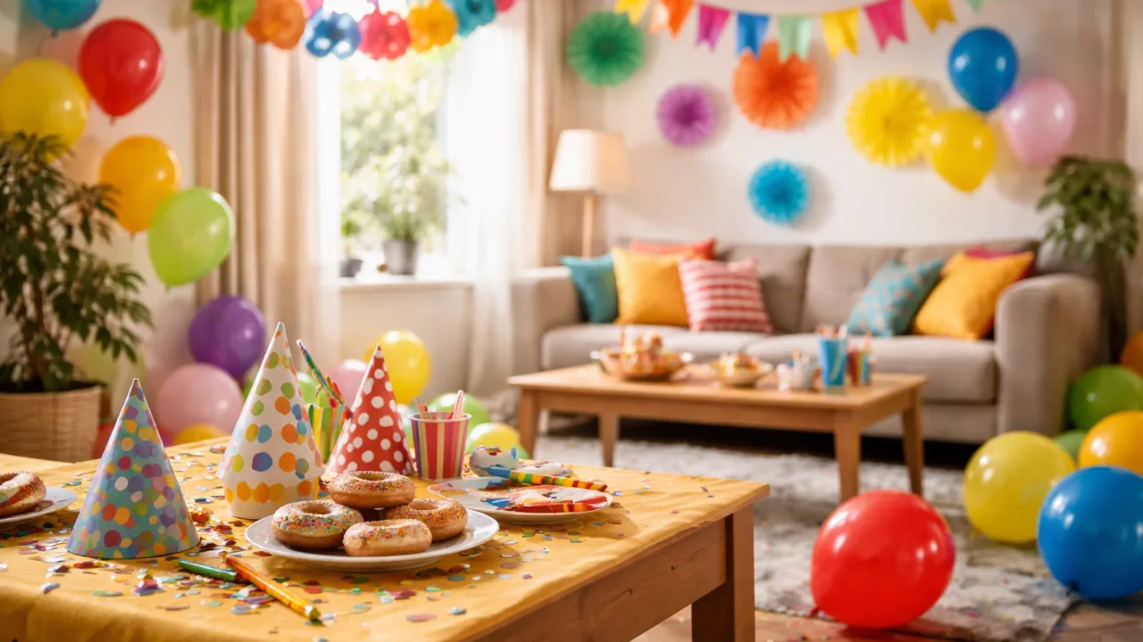 Wohnzimmer mit bunter Faschingsdeko, Luftballons und Girlanden für Zuhause