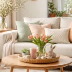 Helles Wohnzimmer mit Frühlingsdeko 2026 in Naturfarben, Tulpen und sanftem Licht
