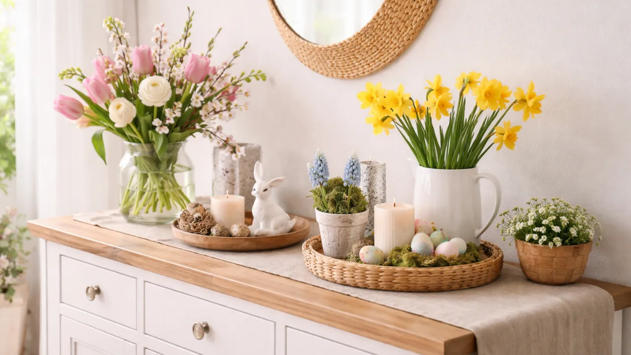 Anrichte mit Frühlingsdeko, Blumenvasen, Kerzen und natürlicher Dekoration im Tageslicht