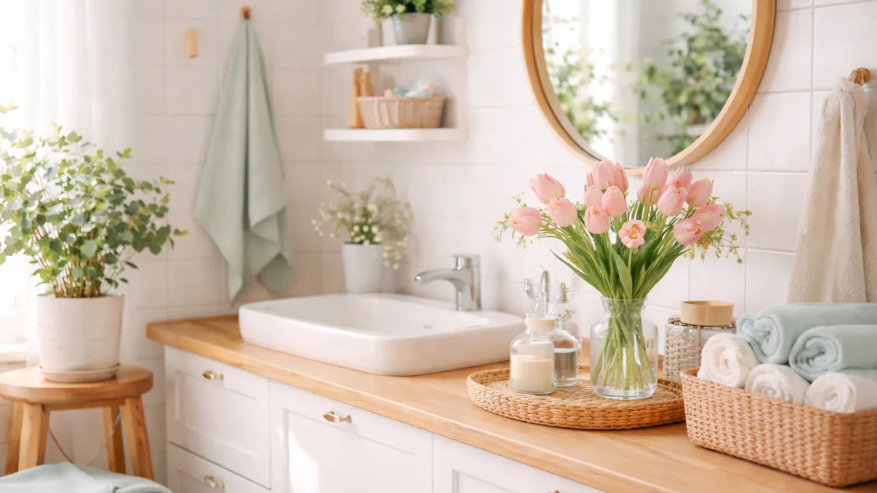 Modernes Badezimmer mit Frühlingsdeko, Tulpen, Handtüchern und natürlichem Licht