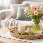 Frühlingsdeko auf Couchtisch mit Tulpen, Kerze und Naturmaterialien im Wohnzimmer
