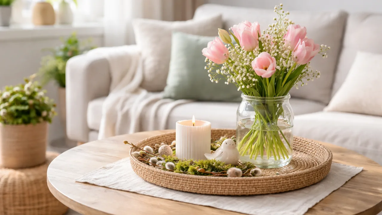 Frühlingsdeko auf Couchtisch mit Tulpen, Kerze und Naturmaterialien im Wohnzimmer