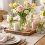 Frühlingsdeko für den Esstisch mit Blumen, Kerzen und Naturmaterialien