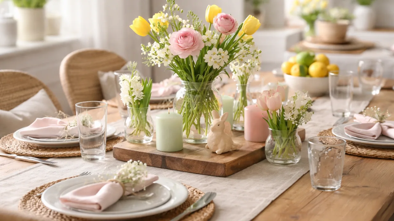 Frühlingsdeko für den Esstisch mit Blumen, Kerzen und Naturmaterialien