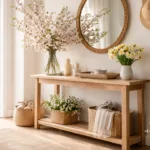 Heller Flur mit Frühlingsdeko, Blumen, Körben und Holzdetails in natürlichem Licht