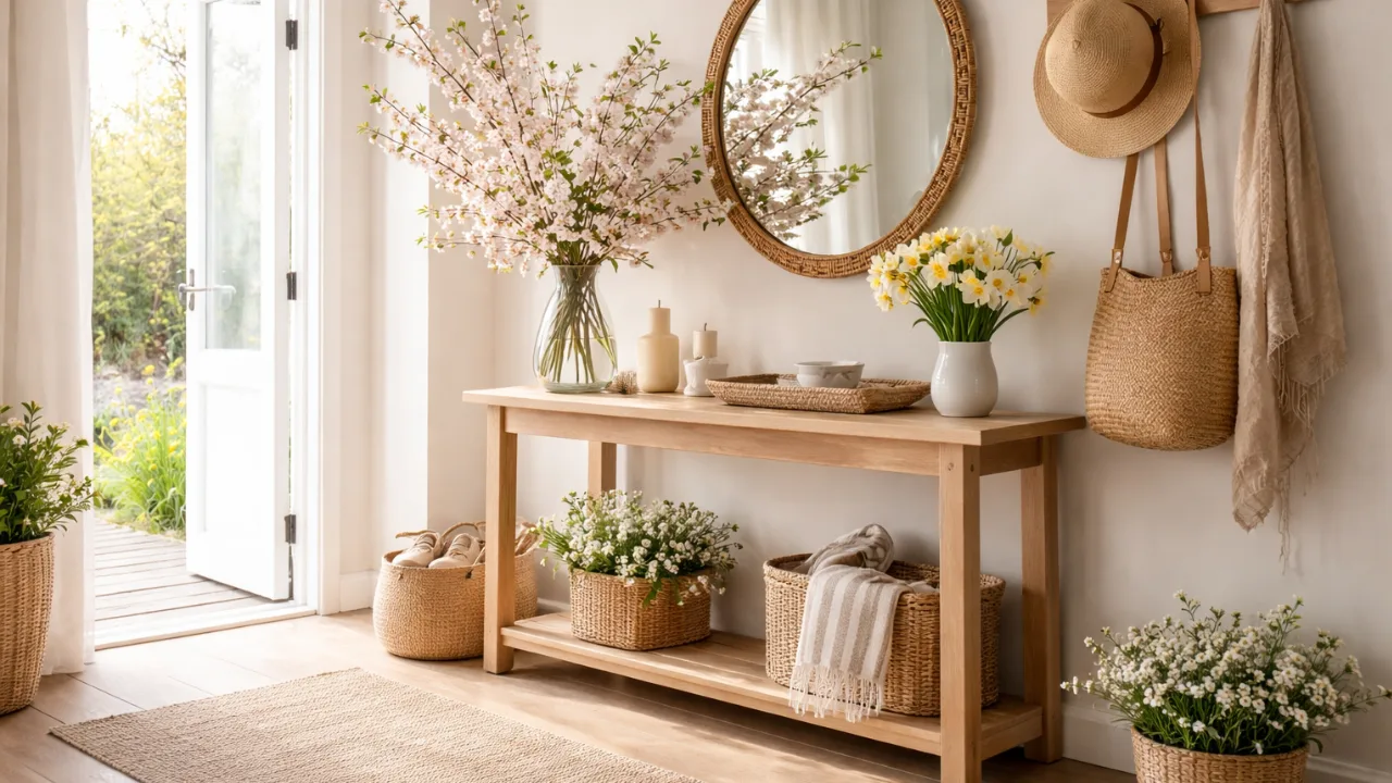 Heller Flur mit Frühlingsdeko, Blumen, Körben und Holzdetails in natürlichem Licht