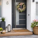Moderner Hauseingang mit Frühlingsdeko aus Blumen, Kranz und eleganten Pflanzkübeln