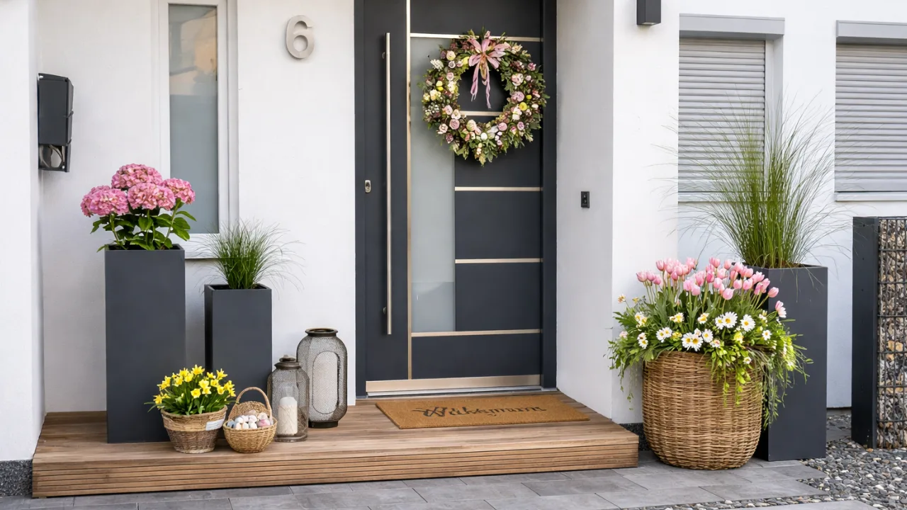 Moderner Hauseingang mit Frühlingsdeko aus Blumen, Kranz und eleganten Pflanzkübeln