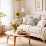 Helles kleines Wohnzimmer mit Frühlingsdeko, Pastellfarben, Blumen und natürlichen Materialien
