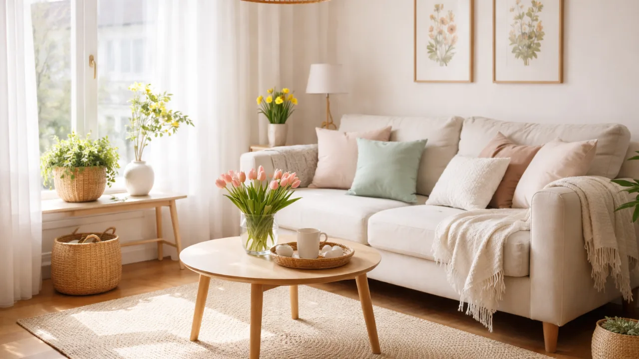 Helles kleines Wohnzimmer mit Frühlingsdeko, Pastellfarben, Blumen und natürlichen Materialien