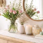 Holzkommode mit Frühlingsdeko aus Blumen, Kerzen und Vasen in sanften Farben