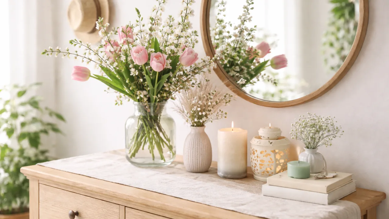 Holzkommode mit Frühlingsdeko aus Blumen, Kerzen und Vasen in sanften Farben