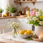 Helle Frühlingsdeko in einer Küche mit Blumen, Kräutern und natürlichem Licht
