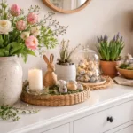 Frühlingsdeko auf Sideboard mit Blumen, Moos und Osterdeko in natürlichem Licht