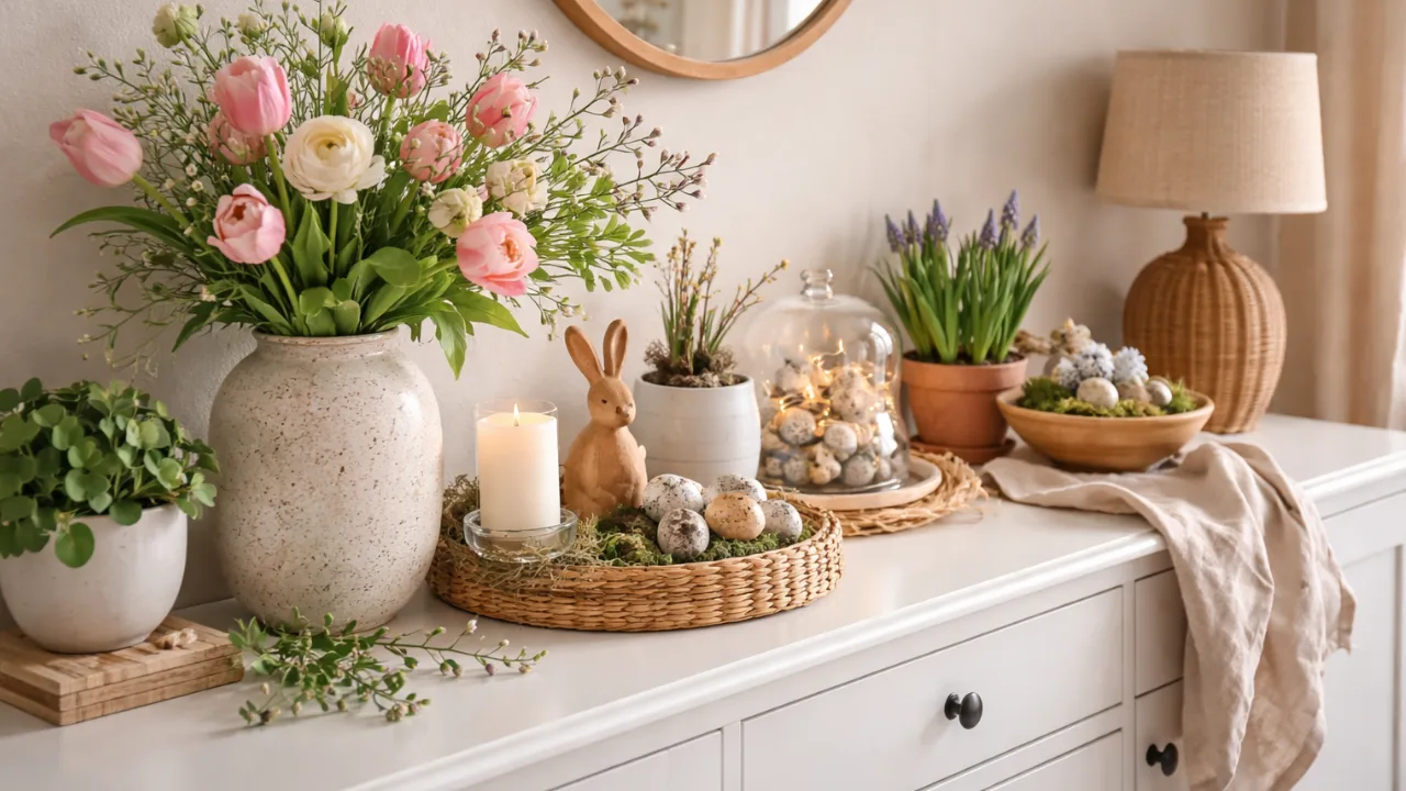 Frühlingsdeko auf Sideboard mit Blumen, Moos und Osterdeko in natürlichem Licht
