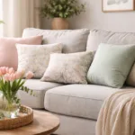 Gemütliches Sofa mit Frühlingsdeko, Pastellkissen, Tulpen und natürlichem Licht im Wohnzimmer