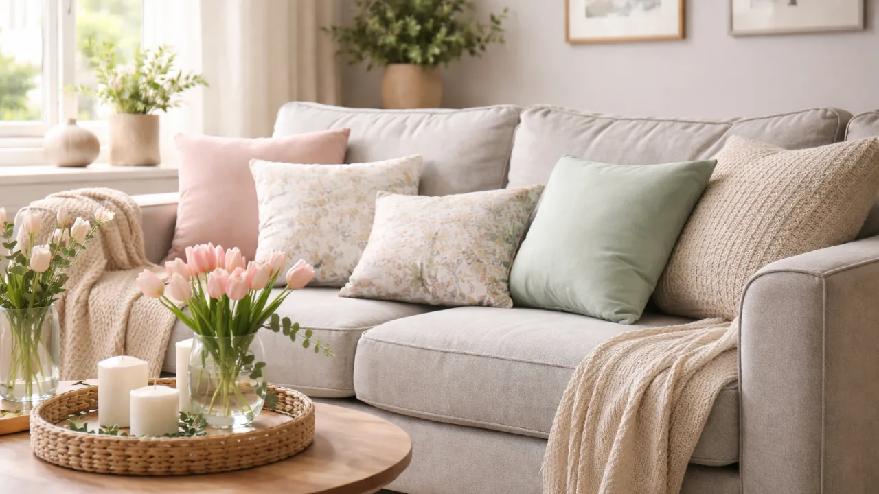 Gemütliches Sofa mit Frühlingsdeko, Pastellkissen, Tulpen und natürlichem Licht im Wohnzimmer