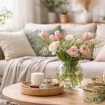 Helle Frühlingsdeko 2026 mit Blumen, Pastellfarben und natürlichen Materialien im Wohnzimmer