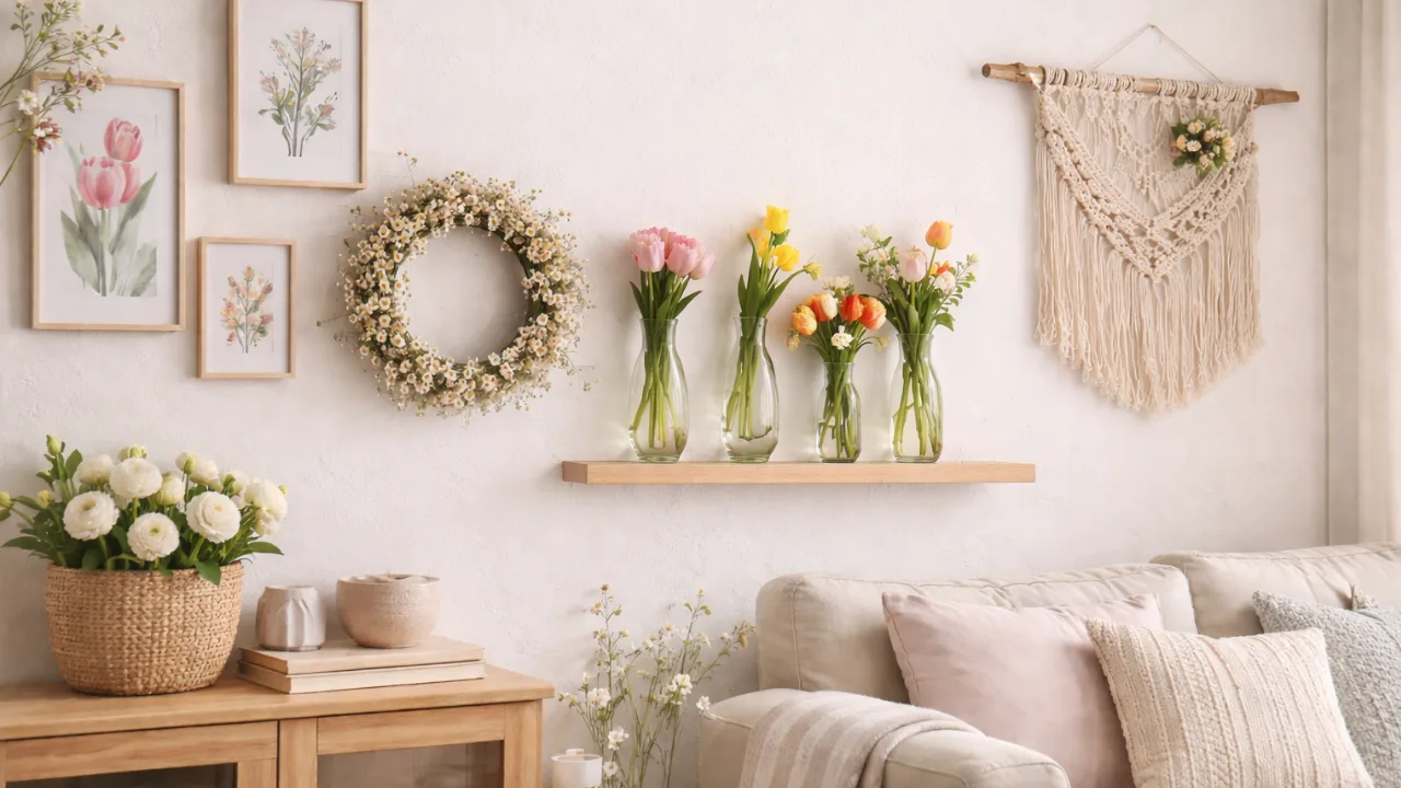 Helle Frühlingsdeko für die Wand mit Blumenvasen, Kranz und Makramee im Wohnzimmer