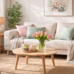 Helles Wohnzimmer mit Frühlingsdeko, Tulpen, Pastellfarben und natürlichem Licht