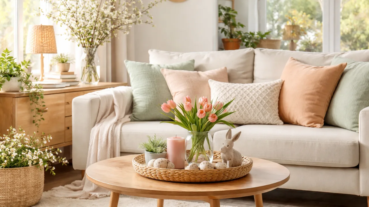 Helles Wohnzimmer mit Frühlingsdeko 2026 in Naturfarben, Tulpen und sanftem Licht