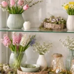 Helle Vitrine mit Frühlingsdeko aus Blumen, Glasvasen und sanfter Beleuchtung