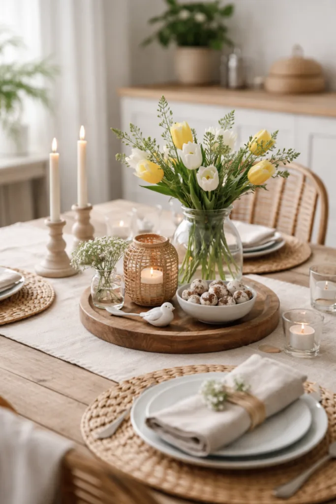Frühlingsdeko für den Esstisch mit Holz, Leinen und gelben Tulpen