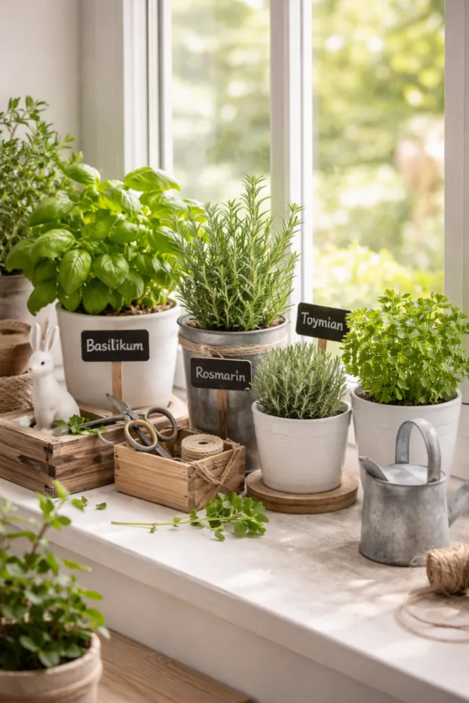 Frühlingsdeko Fensterbank mit frischen Kräutern in weißen Töpfen und natürlichem Licht