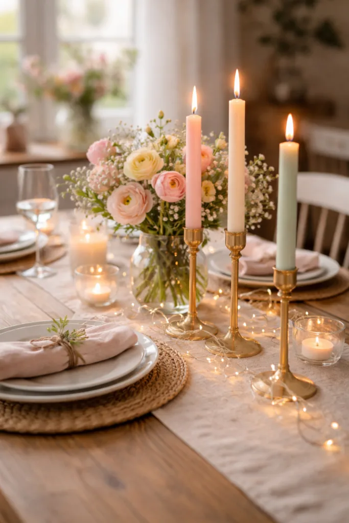Frühlingsdeko mit Kerzen und Blumen auf dem Esstisch in Pastellfarben
