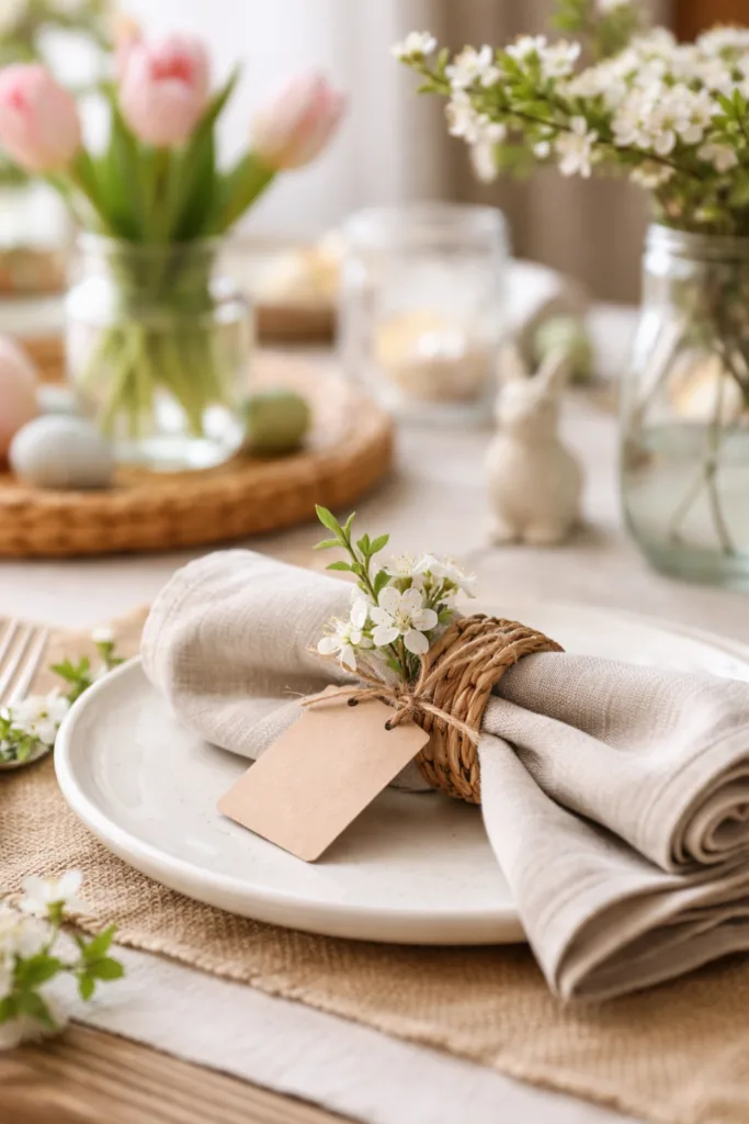 Frühlingsdeko für den Esstisch mit Leinenserviette, Bast-Ring und Blüten