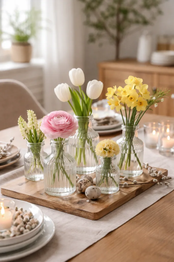 Frühlingsdeko für den Esstisch mit Tulpen, Narzissen und Ranunkeln in Glasvasen